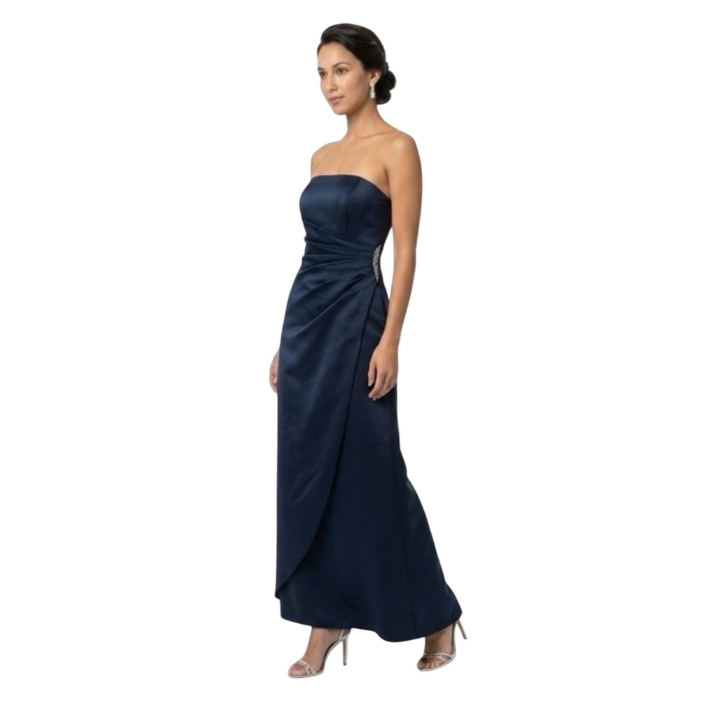 Davids Bridal Navy Blue Strapless Satin Gown Rhinestone Brooch Dress 8567 Size 4